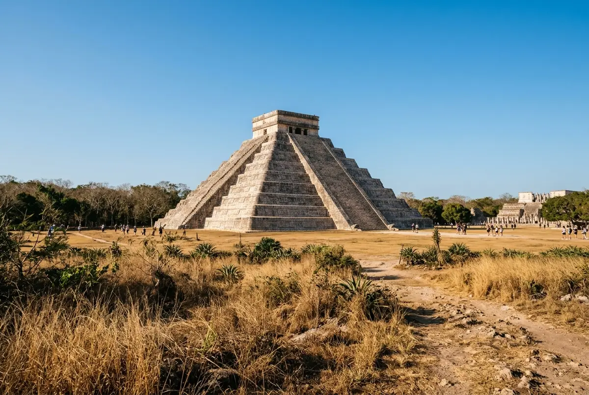 Clear blue sky over El Castillo pyramid at Chichen Itza during the dry season with dry grass in the foreground and no rain clouds in sight