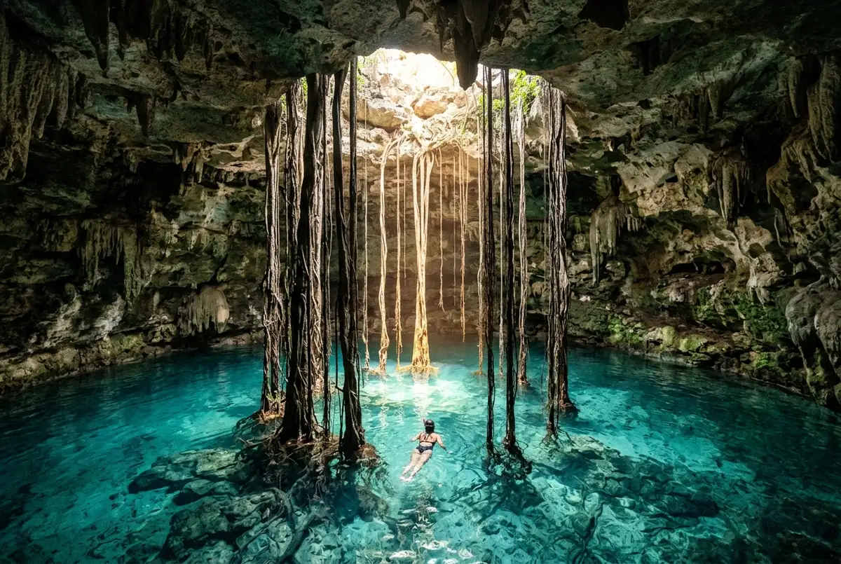 Long tree roots hanging down from a cave ceiling into clear turquoise water inside Samula cenote near Valladolid, lit by a narrow shaft of sunlight