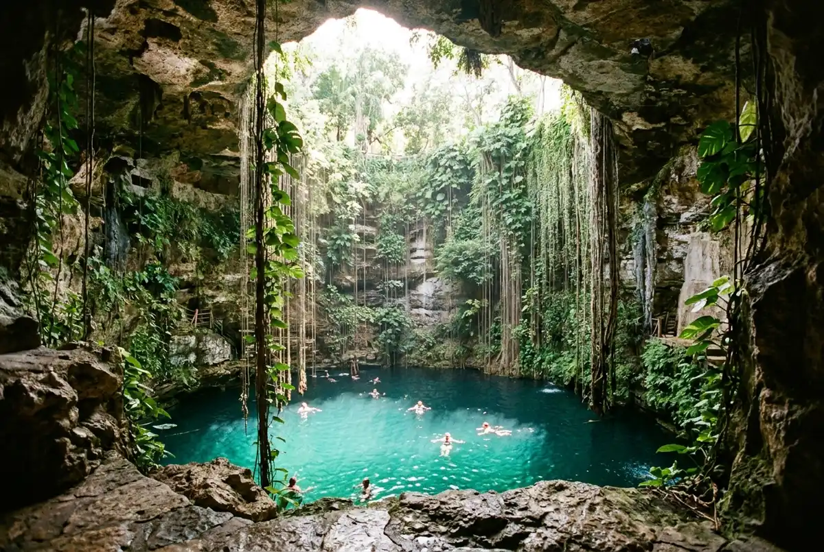 Turquoise water inside a limestone cenote near Chichen Itza seen from the stone rim with hanging vines and sunlight beaming through the circular opening above