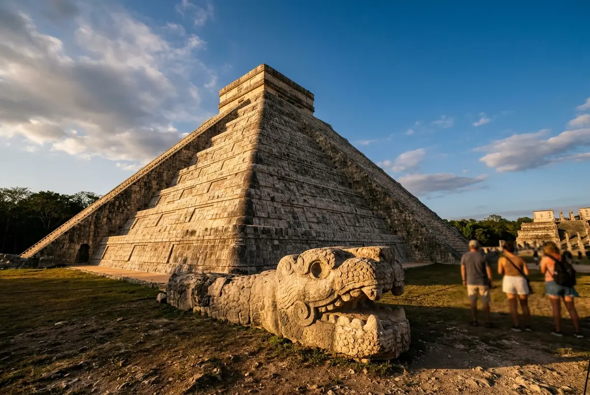 Wide low angle view of El Castillo stepped pyramid at Chichen Itza glowing in late afternoon light with a carved stone serpent head visible at the base, evoking chichen itza history
