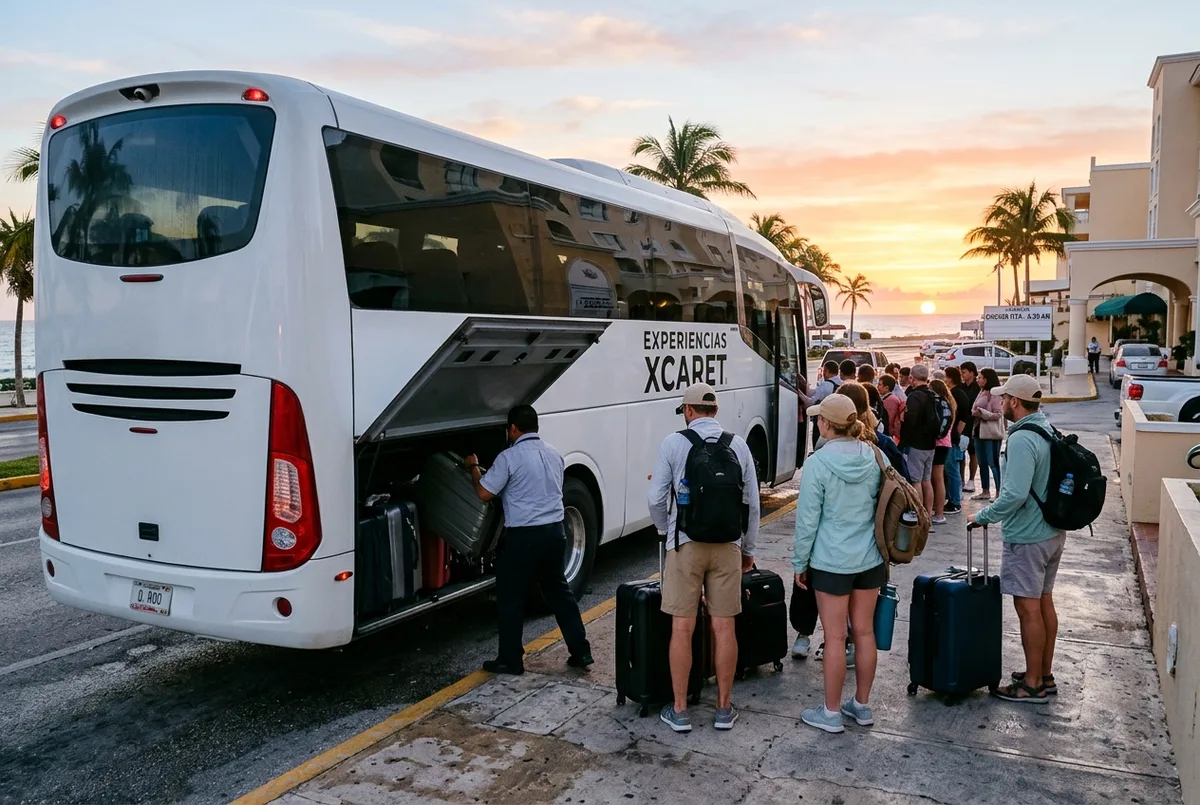 Autobus turistico che ritira passeggeri davanti a un hotel nella zona hotelera di Cancun all'alba per il tour a Chichen Itza