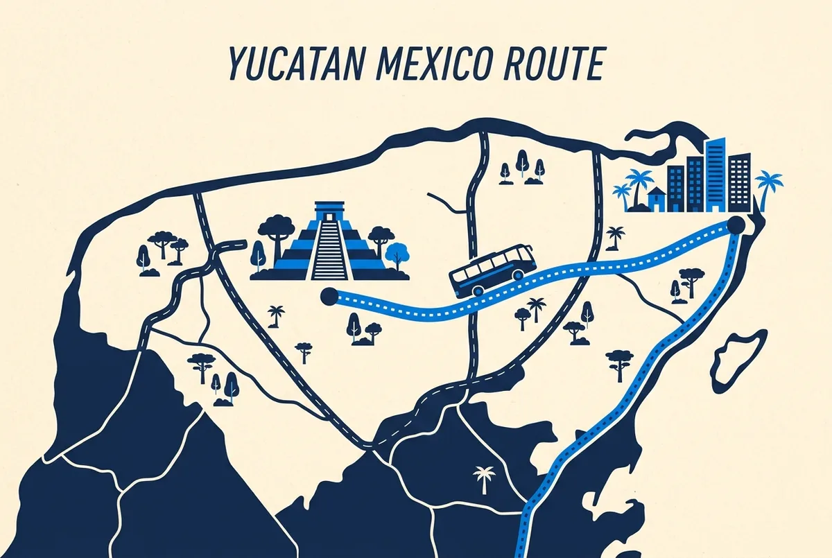 Infografica che mostra il percorso da Cancun a Chichen Itza su una mappa semplificata dello Yucatan, con il tempo di guida e un'icona di autobus turistico
