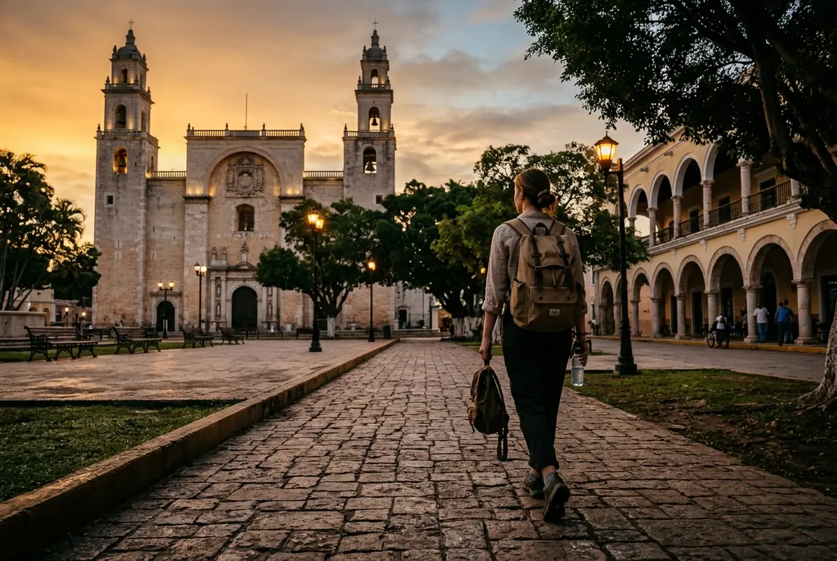 Van turistico parcheggiato davanti a un edificio coloniale giallo di Valladolid all'alba per il tour chichen itza da merida verso le rovine