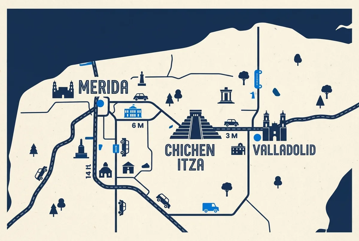 Mappa semplificata dello Yucatan con le distanze da Merida e Valladolid a Chichen Itza rispetto a Cancun, Playa del Carmen e Tulum
