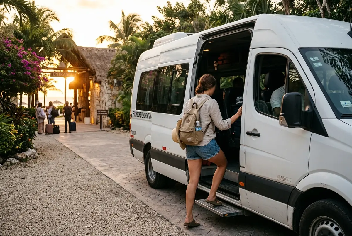 Traveler boarding a tour van outside a Playa del Carmen resort at sunrise for the drive to Chichen Itza