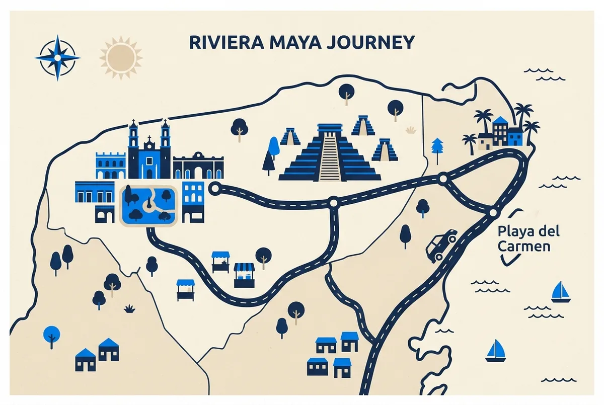 Simplified Yucatan map showing the Riviera Maya route from Playa del Carmen through Chichen Itza to Valladolid with a drive time label