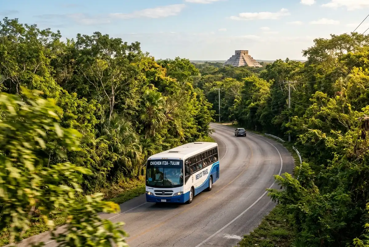Tour bus driving an inland jungle highway from Tulum toward the Chichen Itza pyramid at mid morning
