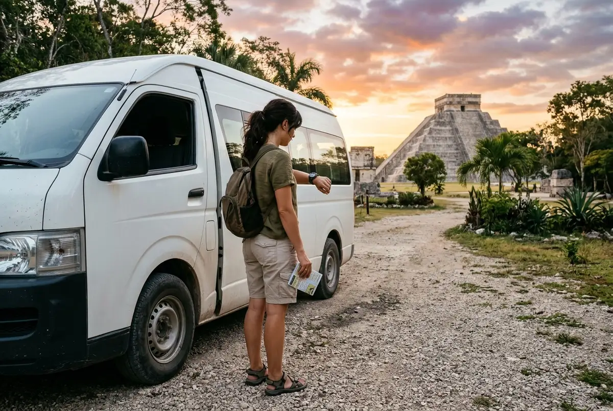 Traveler checking a watch beside a parked tour van at sunrise with El Castillo pyramid in the distance, weighing a short versus full day chichen itza half day tour
