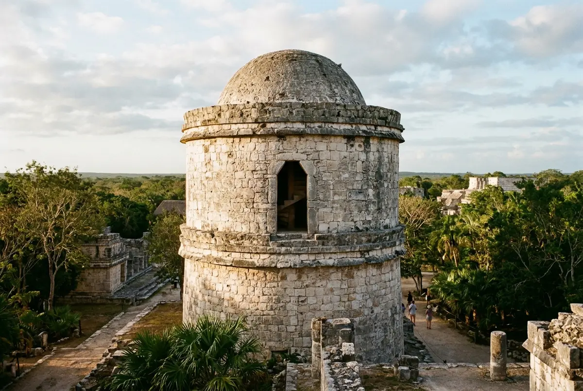 Round stone tower of El Caracol observatory at Chichen Itza with its spiral interior staircase hinted through a small window opening, soft morning light