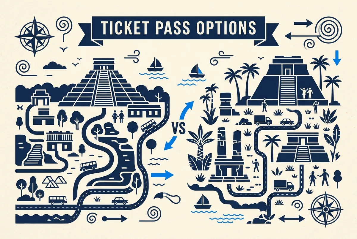 infographic comparing Cancun ticket and pass options for the question Chichen Itza vs Uxmal: Which Mayan Ruins Should You Visit, chichen itza vs uxmal