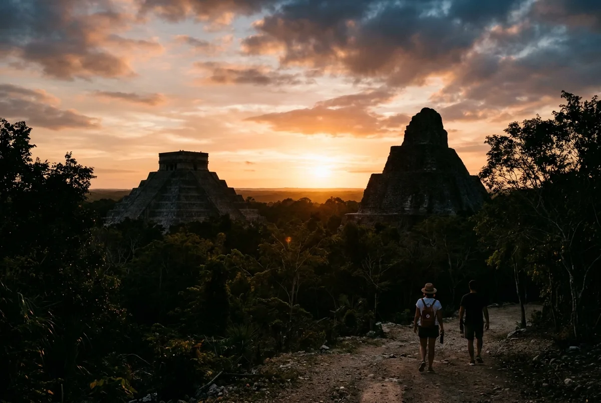 Viaggiatori che salgono sulla piramide di Ek Balam all'alba prima di proseguire verso Chichen Itza nello stesso tour combinato