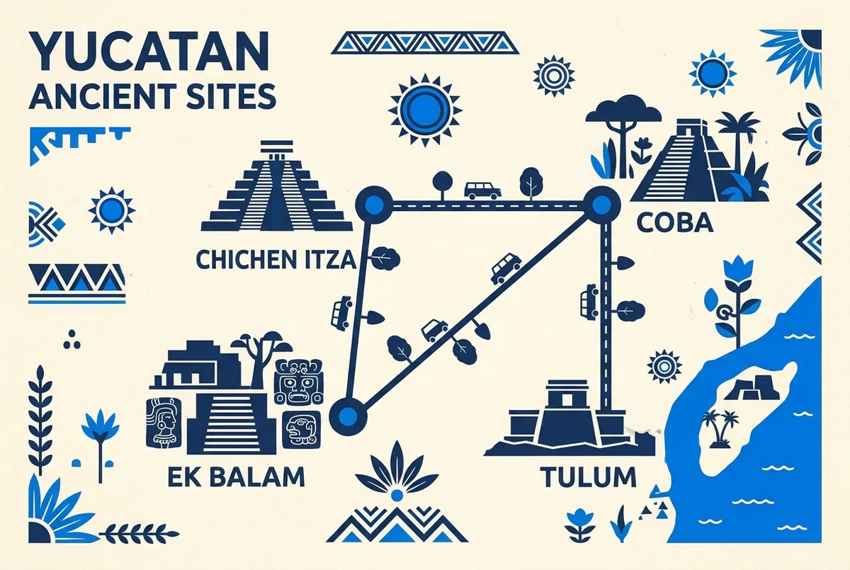 Mappa semplificata dello Yucatan con le rotte dei due tour combinati, Ek Balam e Coba, rispetto a Chichen Itza e ai rispettivi cenotes