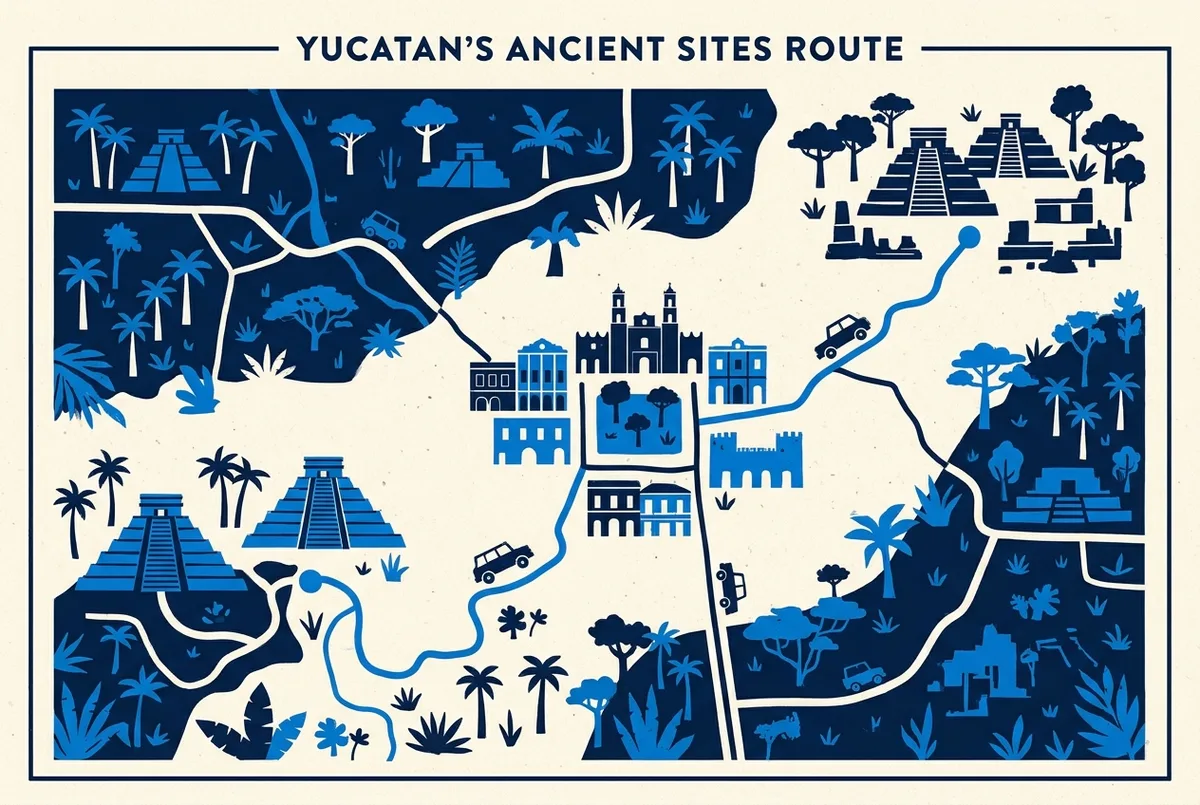 Simple infographic map showing the short drive route connecting Chichen Itza, Ek Balam and Valladolid in the Yucatan jungle, with distance labels between each point