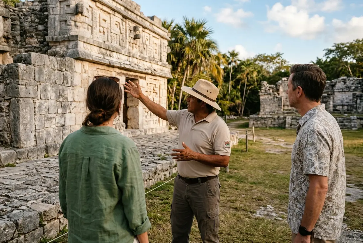 Guide certifié expliquant l'histoire maya en français à un petit groupe devant la pyramide de Kukulcán à Chichen Itza