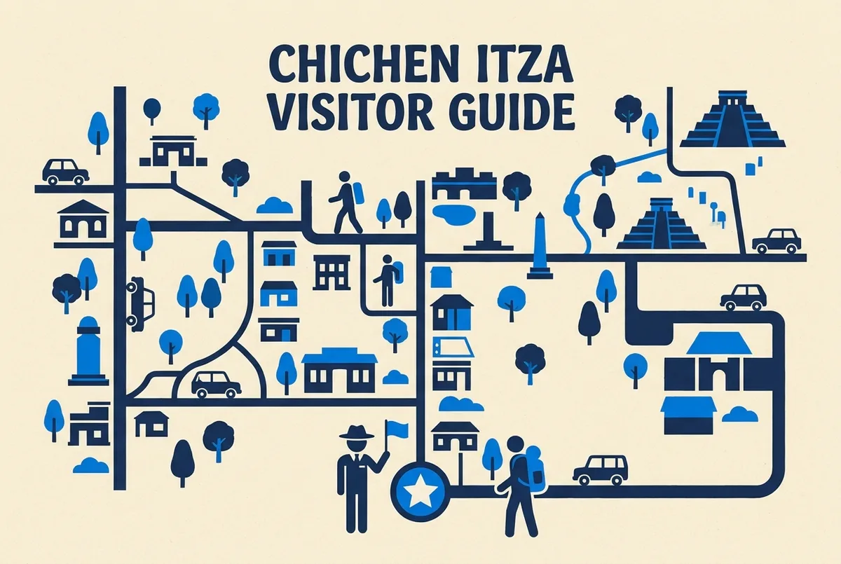 Carte schématique montrant le point de rendez-vous du guide francophone à l'entrée de Chichen Itza, sur fond crème uni