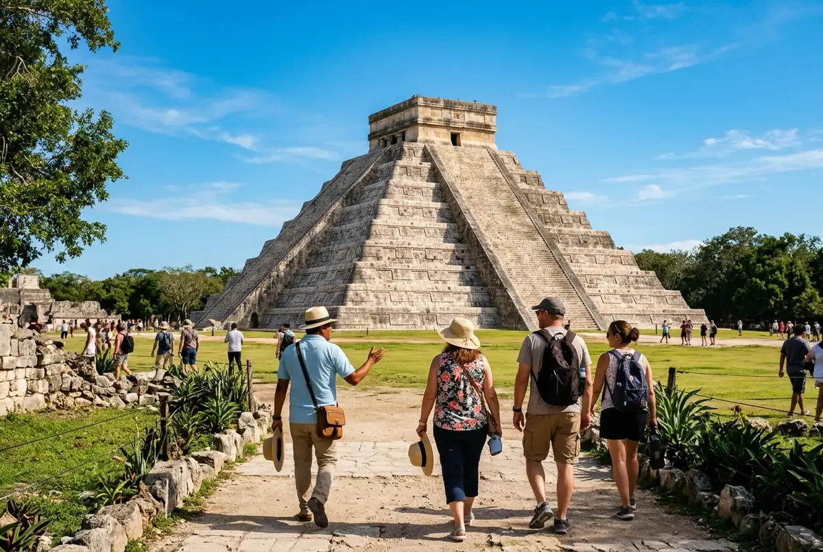Travelers on a chichen itza tour walking toward El Castillo pyramid under a clear blue sky