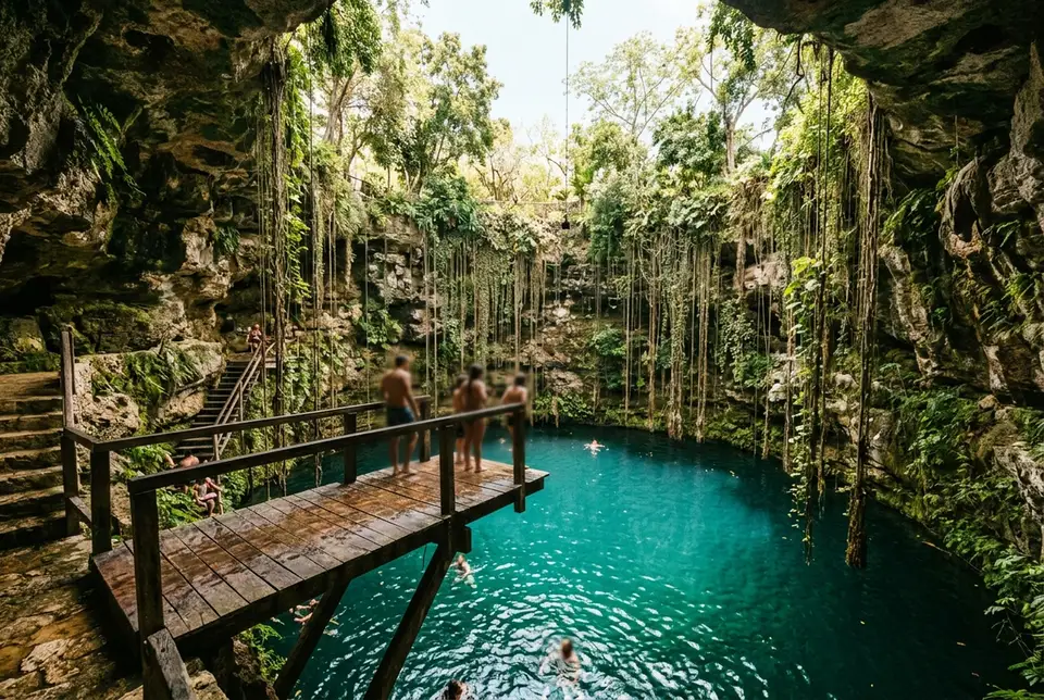 Wooden diving platform over turquoise water inside Ik Kil cenote near Chichen Itza with hanging vines trailing down the circular stone walls