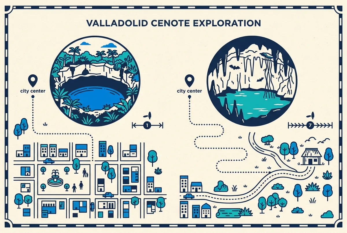 Infographie simple comparant une icône de cénote en centre ville pour Zaci à une icône de cénote en grotte pour X'Keken, étiquetée selon la distance depuis le centre de Valladolid