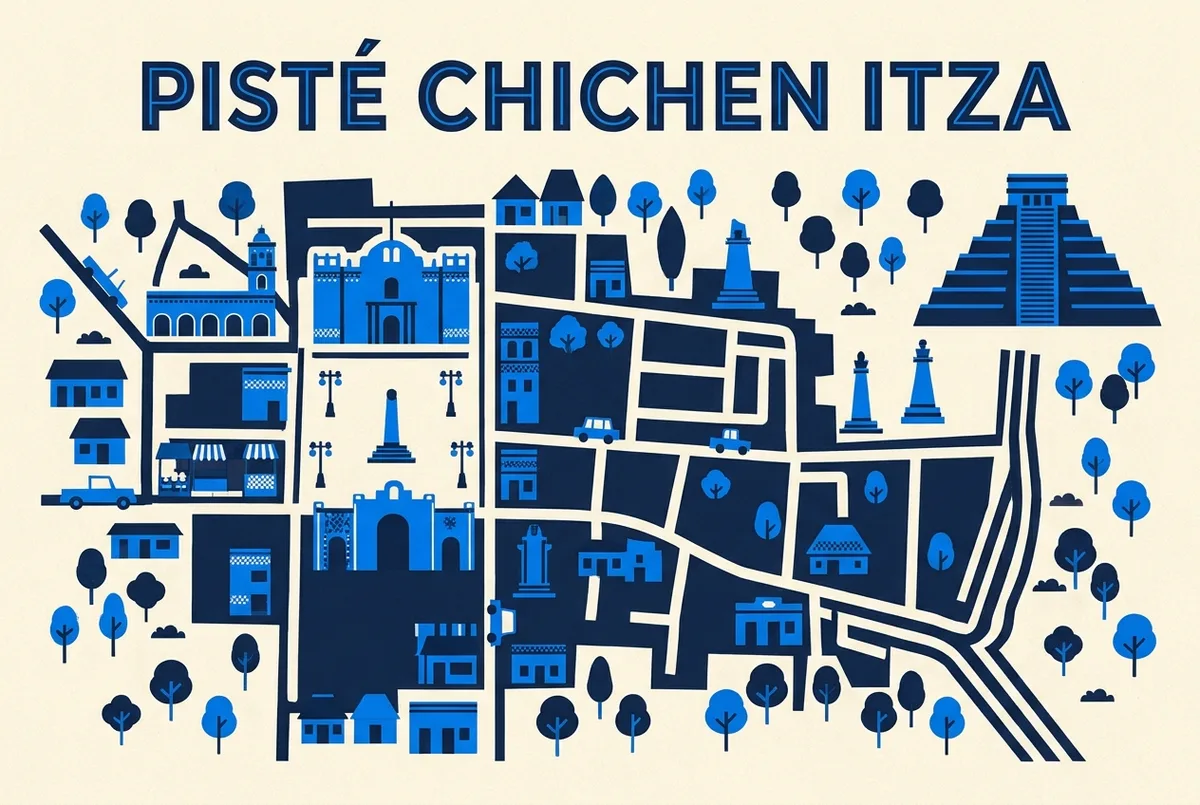 illustrated map of Cancun highlights for Piste: The Village Right Next to Chichen Itza, piste village chichen itza