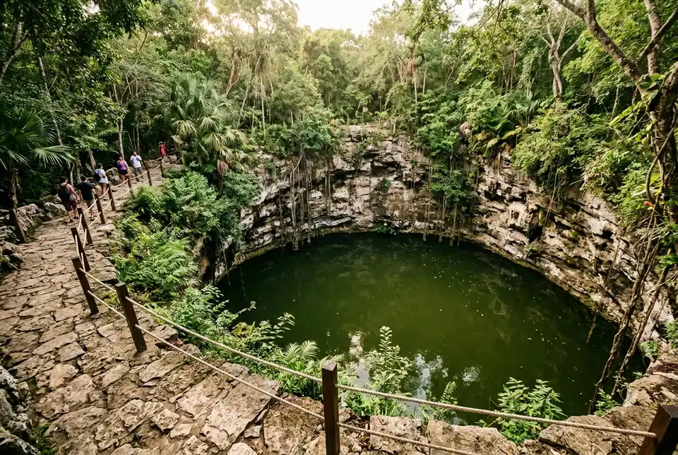 Murky green Sacred Cenote sinkhole surrounded by dense jungle vegetation and limestone walls at Chichen Itza, viewed from the raised visitor path above