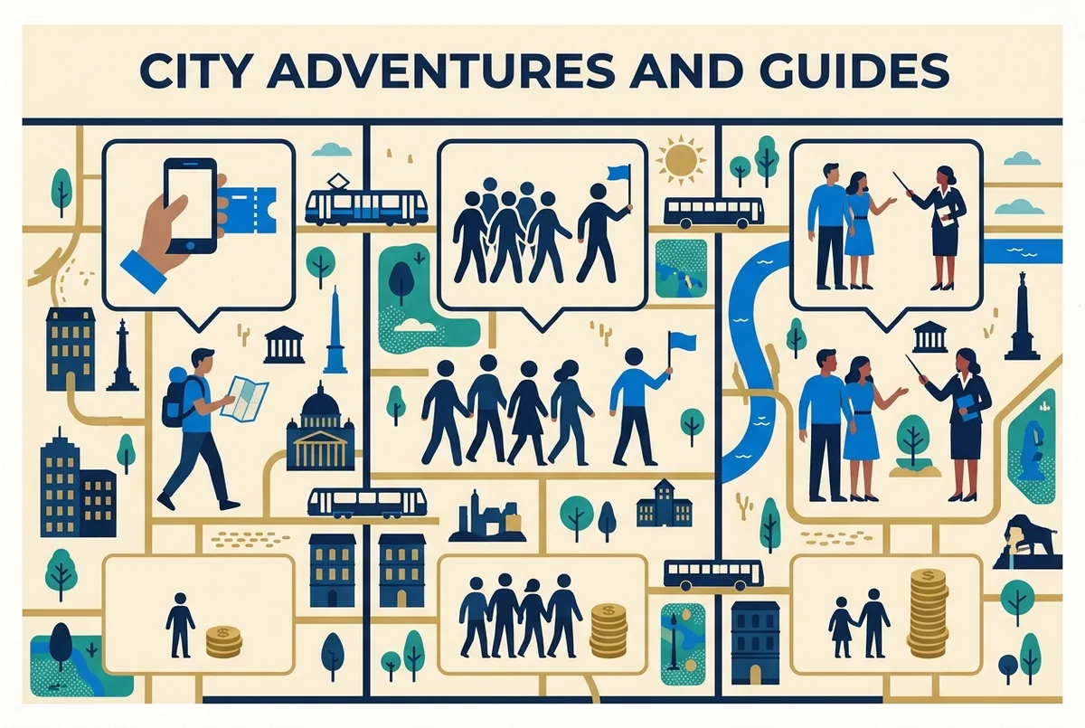 Simple comparison graphic showing icons for a self guided ticket, a shared tour group and a private guide, each labeled with relative price and group size