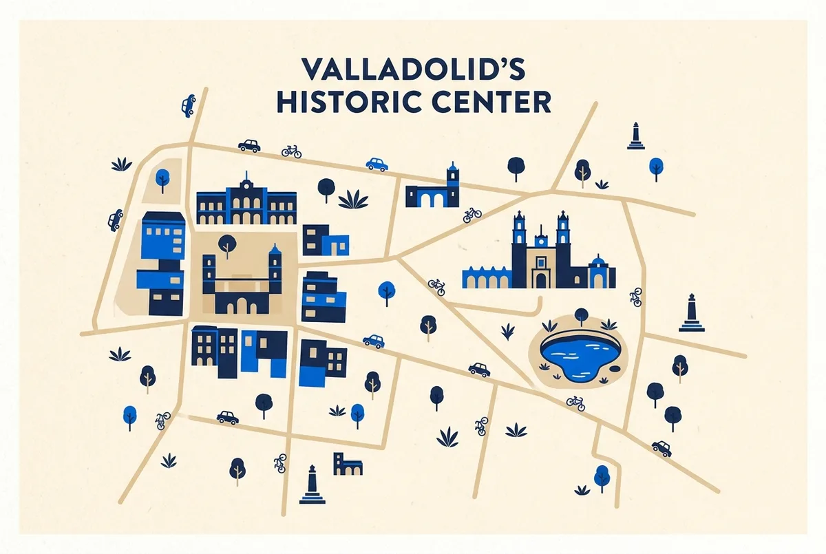 Simple map-style graphic showing Valladolid's historic center with the convent, the main square and Cenote Zaci marked within short walking distance of each other
