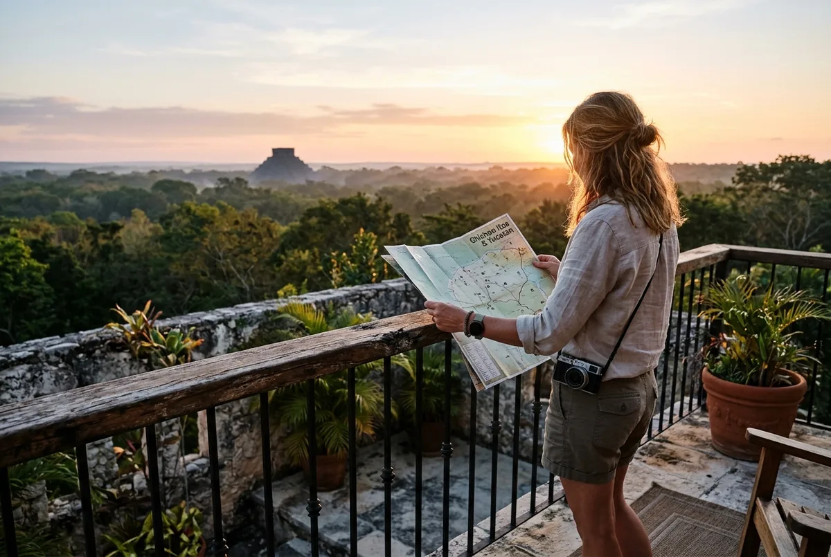 Traveler checking a map on a hotel balcony with the Chichen Itza pyramid silhouette visible in the distant haze at sunrise