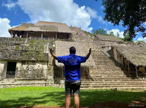 Climbing the main pyramid at Ek Balam on the Chichen Itza and Ek Balam tour
